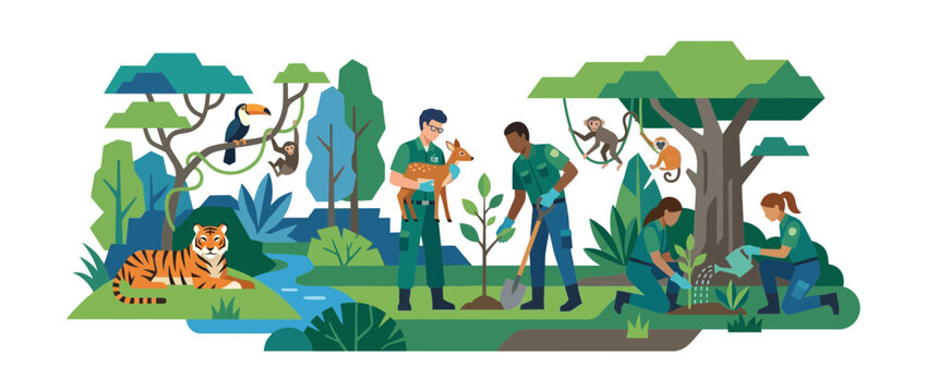 Conservationists protect wildlife and plant trees in lush jungle