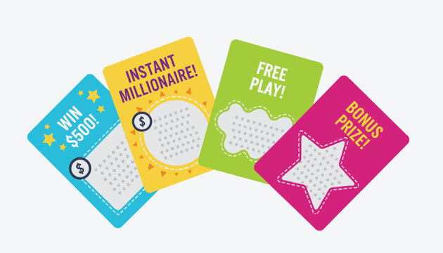 Group of colorful lottery scratch cards with exciting winning messages such as millionaire and free play, vector design.