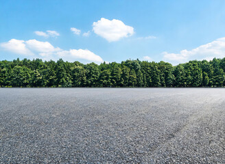 Fototapeta premium An empty asphalt road stretches toward a dense green forest under a bright blue sky with white clouds on a sunny day.