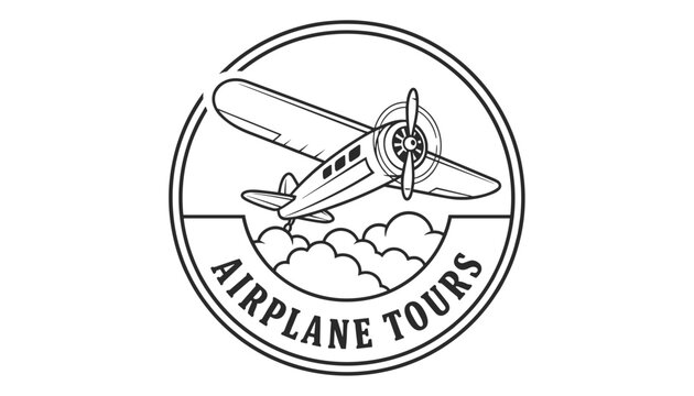 Vintage airplane tours circular logo emblem with a retro biplane flying high through clouds on white background.