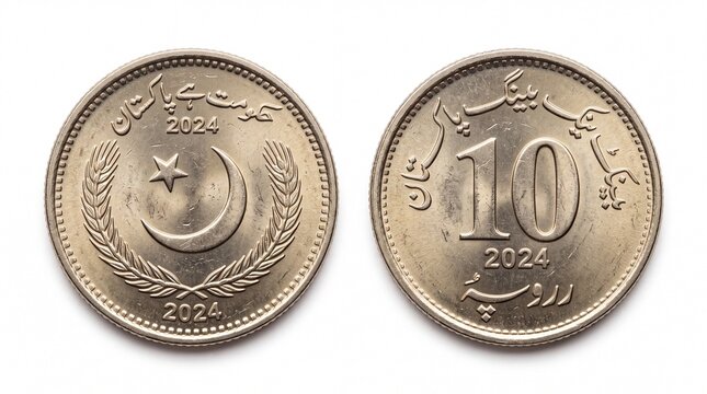 Pakistani 10 rupee coin dated 2024, obverse and reverse sides of metallic currency, gold colored money isolated on white background