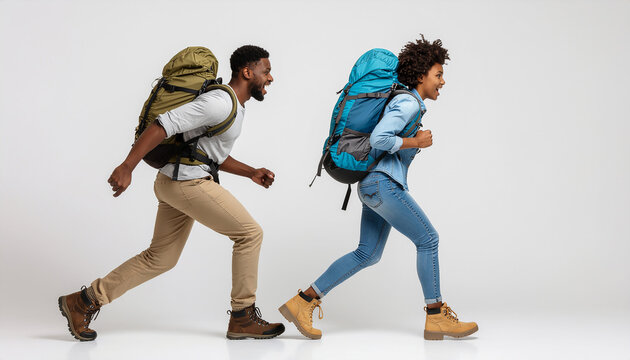 Hiking Couple Mid-Motion Turning to Run Away Panicked Facial Expressions Outdoor Fear