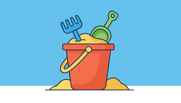 Sandbox children toys including a red bucket filled with sand, a green spade, and a blue rake against blue sky.