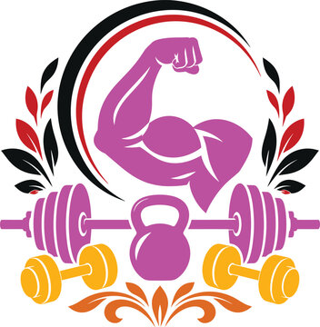 Strong muscular arm flexing with dumbbells and kettlebell in fitness logo design