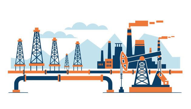 Heavy industrial oil drilling plant refinery site with derricks, pipelines, and smokestacks against mountains.