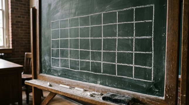 Chalkboard displays a hand-drawn grid pattern with white lines scratched onto the dark dusty surface of slate.