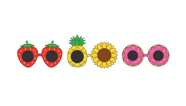 Set of three funny novelty summer sunglasses shaped like strawberries, a pineapple with sunflower, and donuts.