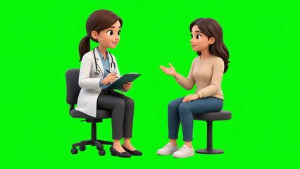 Obraz premium 3D render illustration of a female doctor in white coat with stethoscope taking notes while consulting a patient sitting on a chair against a green screen background