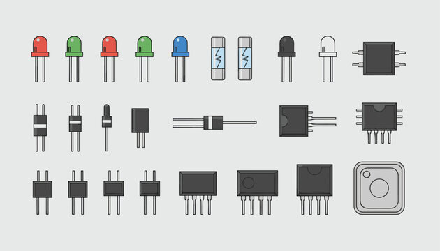 Set of electronic components including light emitting diodes, fuses, transistors, and integrated circuits on a grey background.