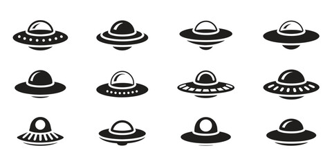 UFO Icons Set – Flying Saucer, Alien Spaceship, Extraterrestrial and Sci-Fi Vector. © Mobarok Hossen Munna