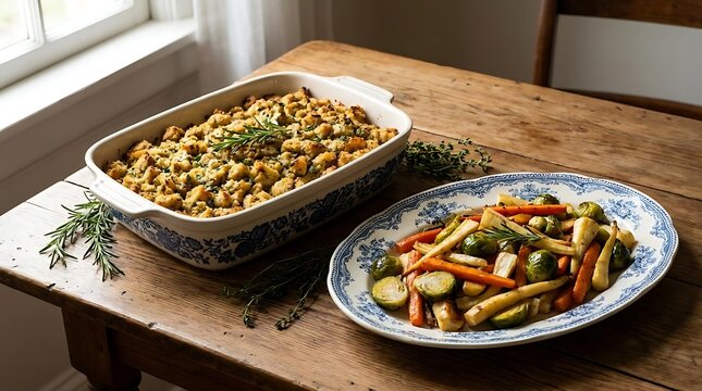 Roasted stuffing and seasonal vegetables in serving dishes.