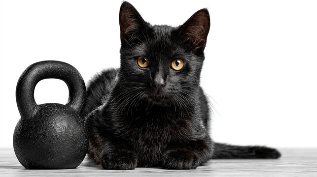 Close up , a cute black cat sleeping close to a black kettlebell , isolate white background.