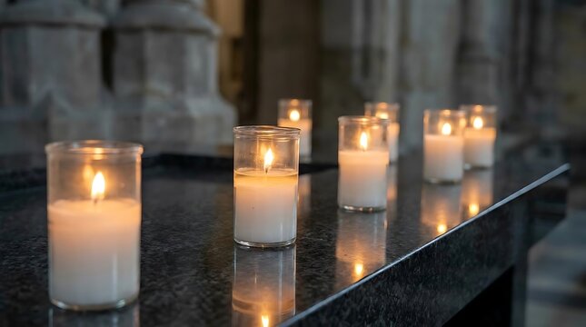 Rows of lit votive candles in glass holders.