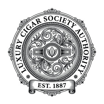 Vintage circular emblem design for luxury cigar society with ornate engraving and tobacco leaf motif.