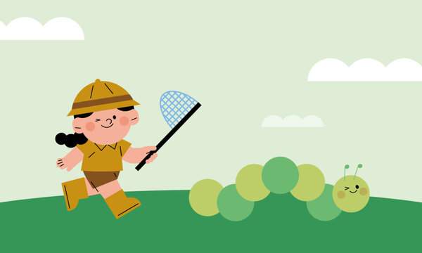 Cute girl hrunting bug on green filds. Flat cartoon vector illustration
