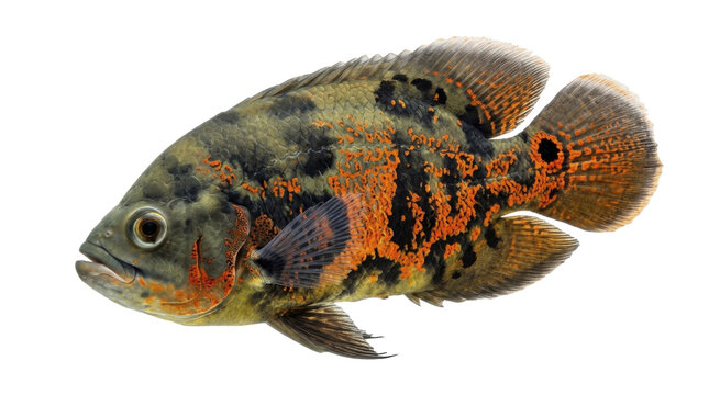 Eyespot cichlid fish with mottled coloration and prominent eye detailed scales on transparent background tropical freshwater