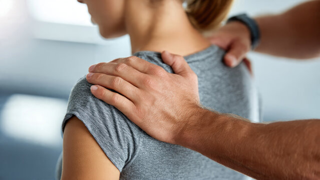 Physical therapist treating shoulder pain.