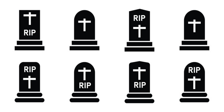 Set of eight black tombstone icons with various cross and rip text designs on base shape.
