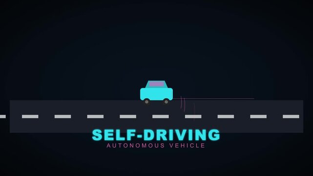 Self-driving autonomous vehicle concept animation: future transportation technology and smart car innovation on modern road 4k