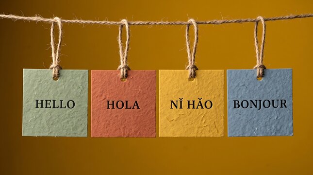 Multilingual hello greetings on hanging colorful paper cards