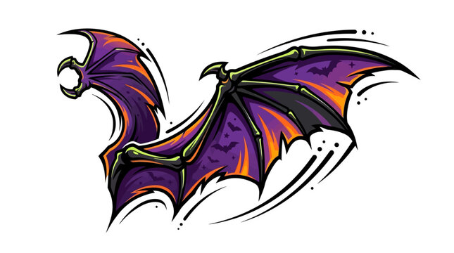 Stylized purple and orange bat wing with green bones and claw isolated on white background vector illustration for tattoo design