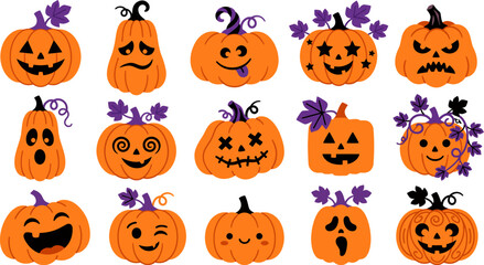 Naklejka premium Set of various hand drawn halloween pumpkin icons for october 31st celebrations featuring different spooky faces isolated on transparent background