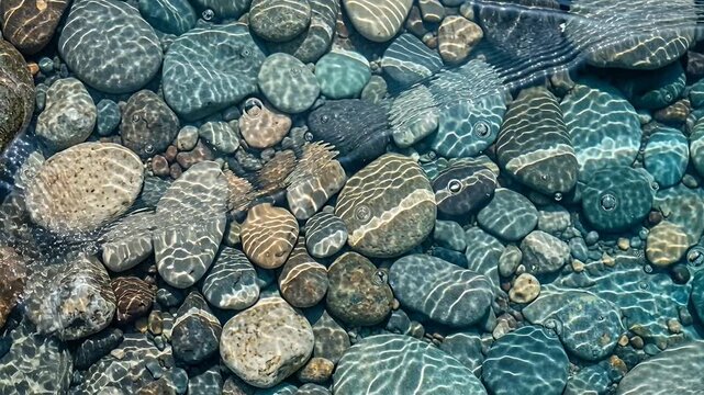 pebbles under clear blue water with sunlight reflections on rocks