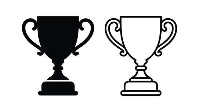 Minimalist black filled trophy silhouette and outlined trophy cup icon side by side illustration, contrasting solid silhouette design with outlined version for graphic design and logos