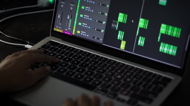 Close-Up of Music Producer Editing Audio Tracks on Laptop Keyboard