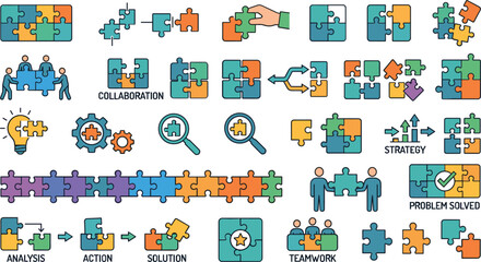 Naklejka premium Collection of business puzzle icons, teamwork concepts, strategy steps, and problem solved symbols.Collection of business puzzle icons, teamwork concepts, strategy steps, and problem solved symbols.