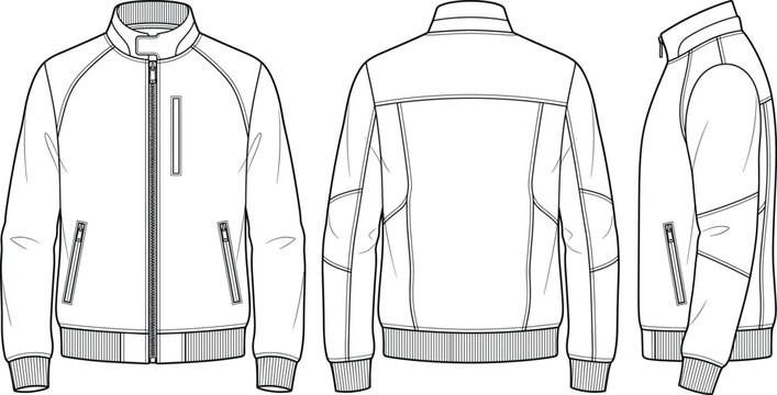 Mens stand collar bomber jacket fashion flat sketch vector illustration technical drawing showing front side back view