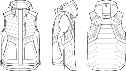 Mens technical hooded puffer vest fashion flat sketch vector illustration technical drawing with quilted panels and side zippers © Prohllad