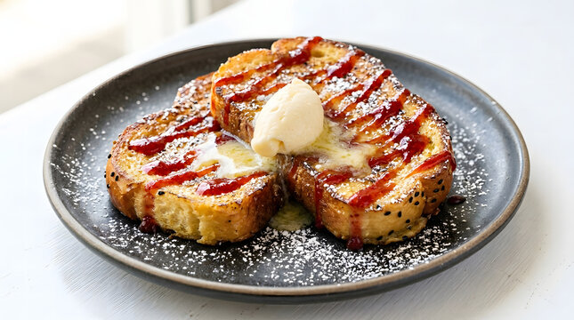 Golden French toast drizzled with syrup and topped with a scoop of melting butter.