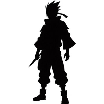 Ninja warrior silhouette on white background, black anime character shape with kunai knife, mysterious fighter profile for gaming and cosplay