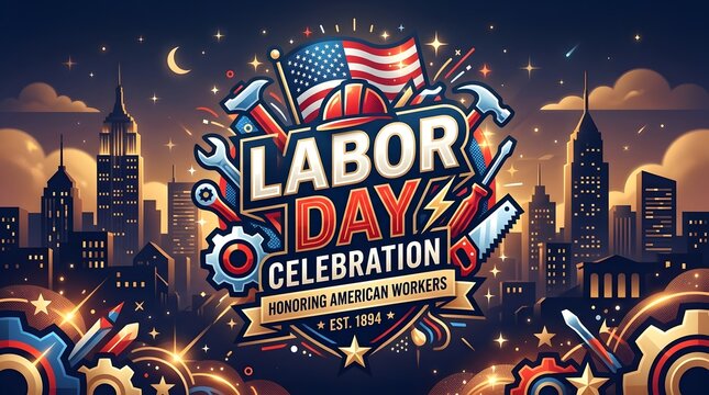Labor Day celebration banner with tools. American holiday graphic for worker appreciation.