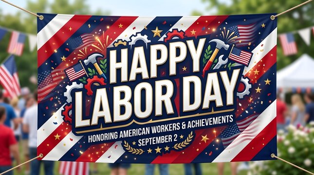 Happy Labor Day banner with American flags. Patriotic holiday sign for US worker celebration.