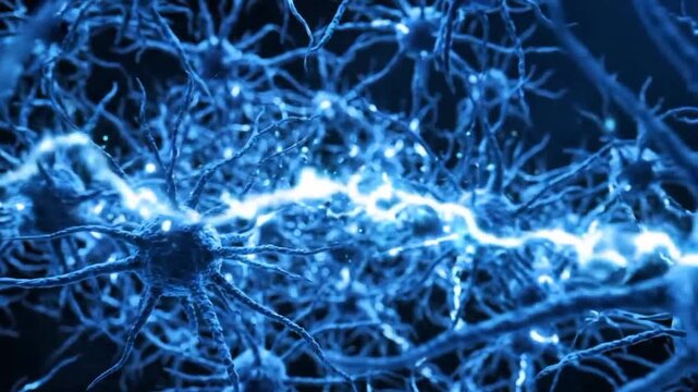 Abstract 3D illustration of active neural network with glowing electrical impulses transmitting signals across brain neurons