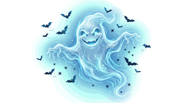 Ethereal ghost face with bats and spiders in spooky night scene. Haunted supernatural figure with eerie glow, dark sky, and creepy creatures.