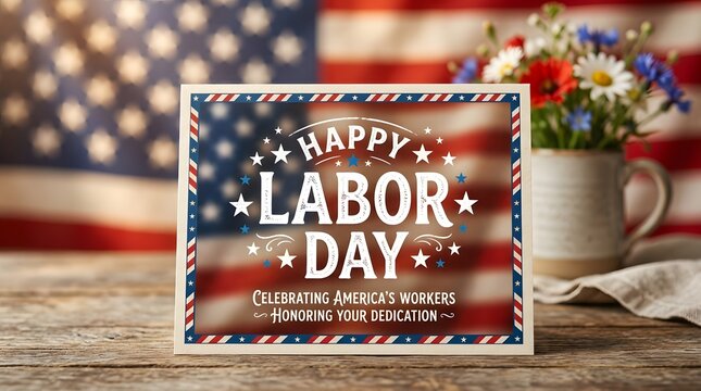 Happy Labor Day greeting card. American holiday celebration with US flag background.