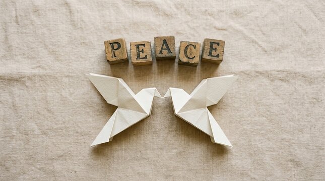 Two white origami paper doves with wooden letter blocks spelling peace for international peace day celebration