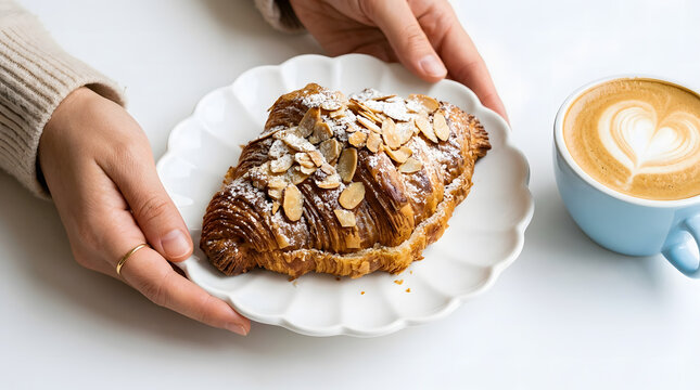 Two hands presenting an almond croissant on a plate beside a heart-latte-art coffee.