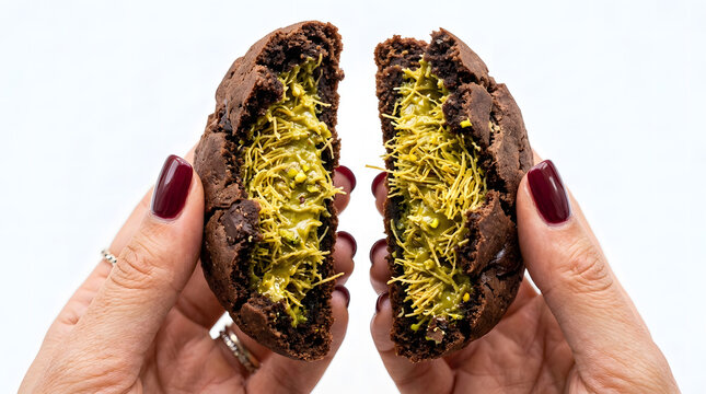 A chocolate cookie split open to reveal a gooey pistachio and kataifi filling, dubai-chocolate style.
