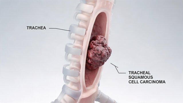 Light grey background annotated 3D medical illustration of tracheal squamous cell carcinoma, longitudinal cutaway human trachea showing obstructive malignant tumor within airway respiratory oncology a