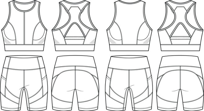 Womens athletic activewear set sports bra and biker shorts fashion flat sketch vector illustration technical drawing front back view