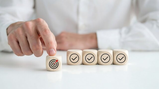 A hand placing a target block in front of four blocks with checkmarks. Represents achieving goals and completing tasks