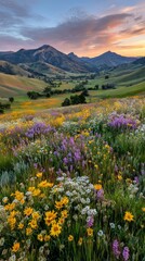Obraz premium Vibrant wildflower meadow with rolling hills and mountains under a colorful sunset sky