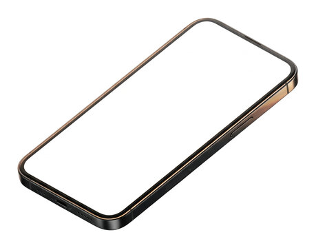Sleek metallic smartphone tilted with a blank white screen in studio lighting isolated transparent background image
