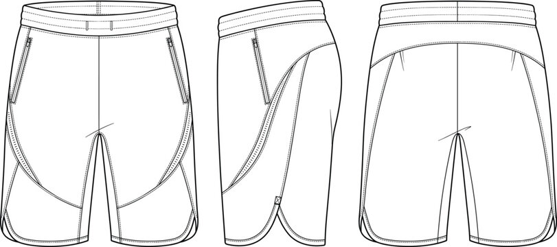 Womens athletic panelled training shorts side zipper pockets curved hem fashion flat sketch vector illustration technical drawing front side back view