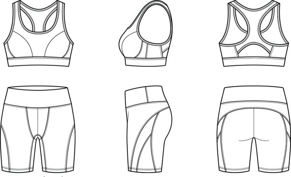 Womens athletic racerback sports bra and high waisted biker shorts activewear set fashion flat sketch vector technical drawing
