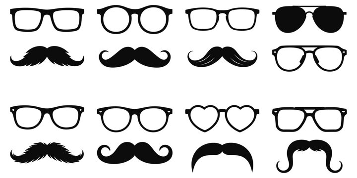 Retro face icon, vector illustration featuring mustache, beard, and glasses symbols for photo booth props, costume accessories, party decorations, and vintage design.